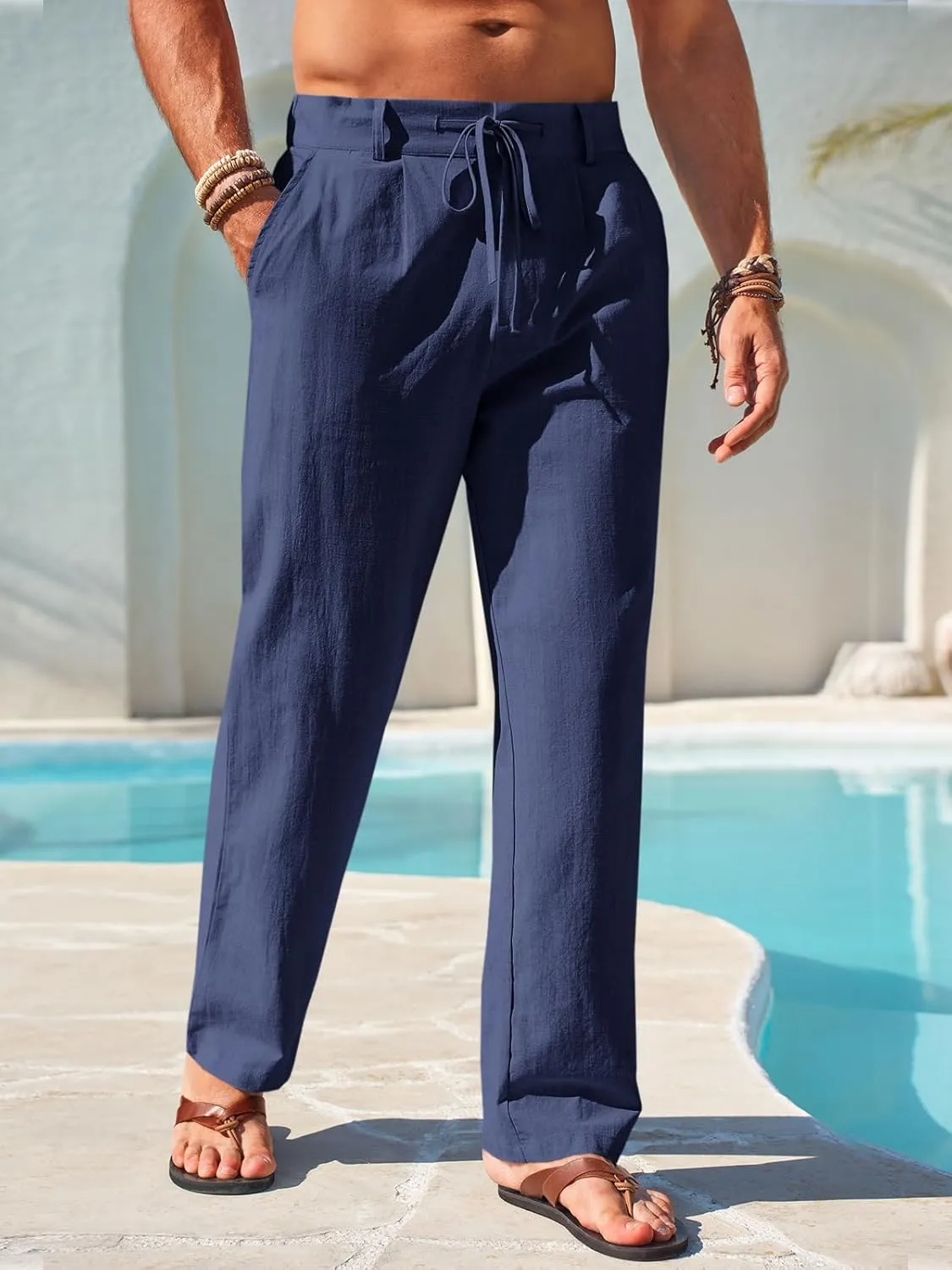 Runcati Mens Linen Cotton Casual Pants Elastic Waist Drawstring Lightweight Pants Loose Fit Summer Beach Yoga Trousers