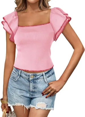 Saodimallsu Womens Cropped Ruffle Short Sleeve Sweater Square Neck Crop Knit Tops Summer Lightweight Pullover Shirts