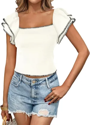 Saodimallsu Womens Cropped Ruffle Short Sleeve Sweater Square Neck Crop Knit Tops Summer Lightweight Pullover Shirts