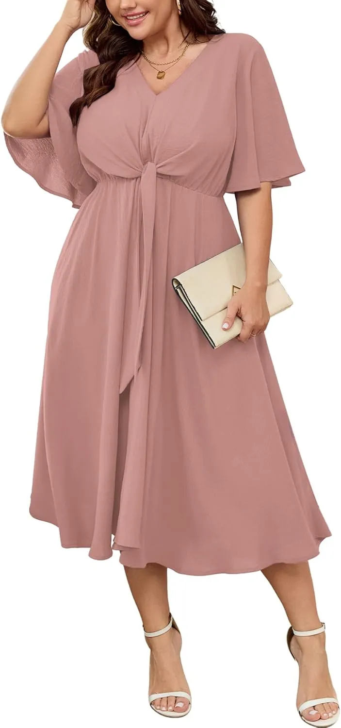 SCOMCHIC Women Plus Size Midi Dresses Wedding Guest Short Sleeve V Neck Tie Waist Casual Summer Flowy A Line Dress