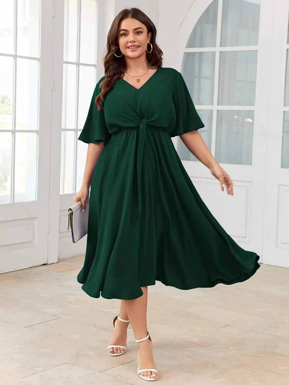 SCOMCHIC Women Plus Size Midi Dresses Wedding Guest Short Sleeve V Neck Tie Waist Casual Summer Flowy A Line Dress