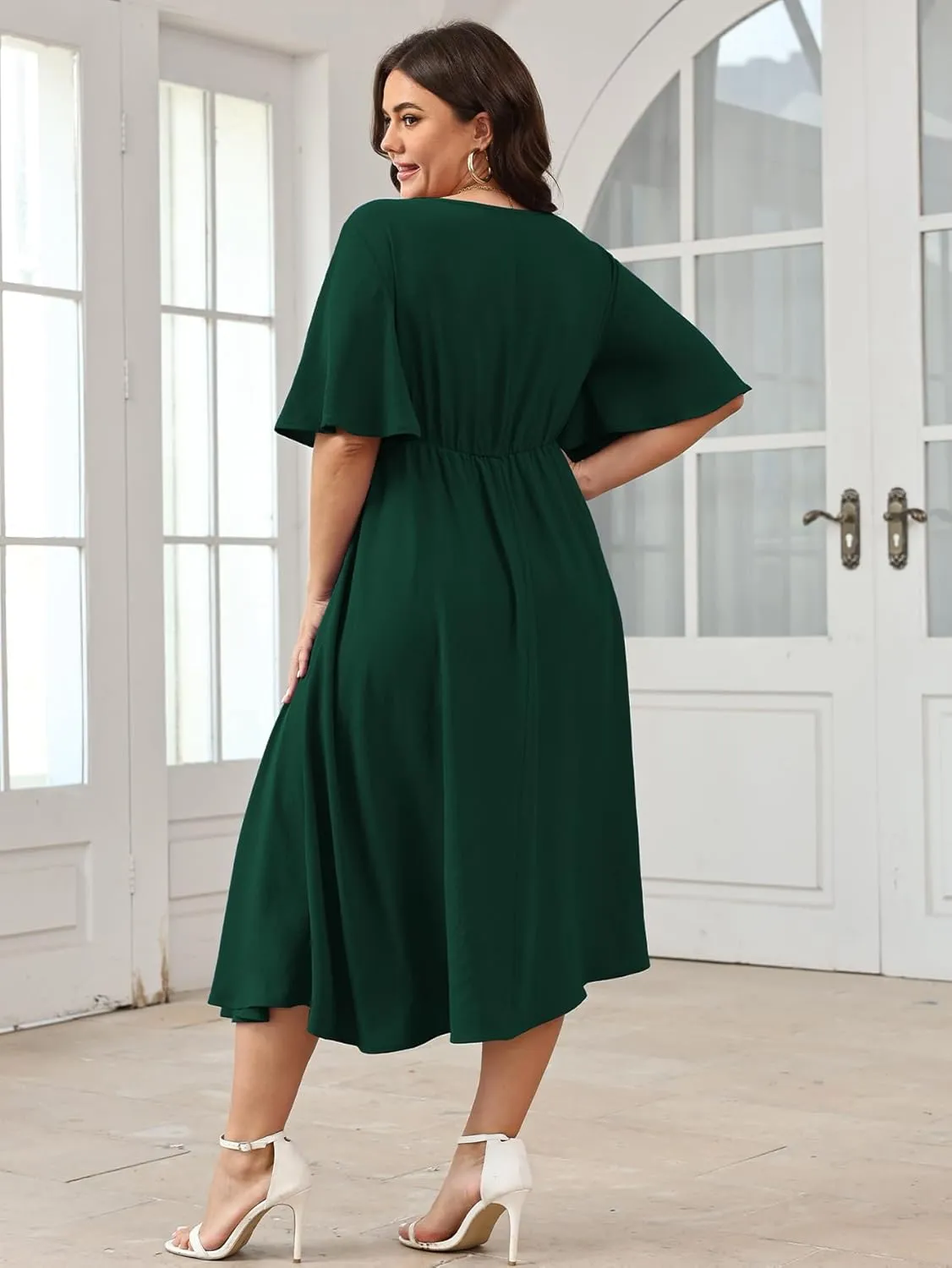 SCOMCHIC Women Plus Size Midi Dresses Wedding Guest Short Sleeve V Neck Tie Waist Casual Summer Flowy A Line Dress