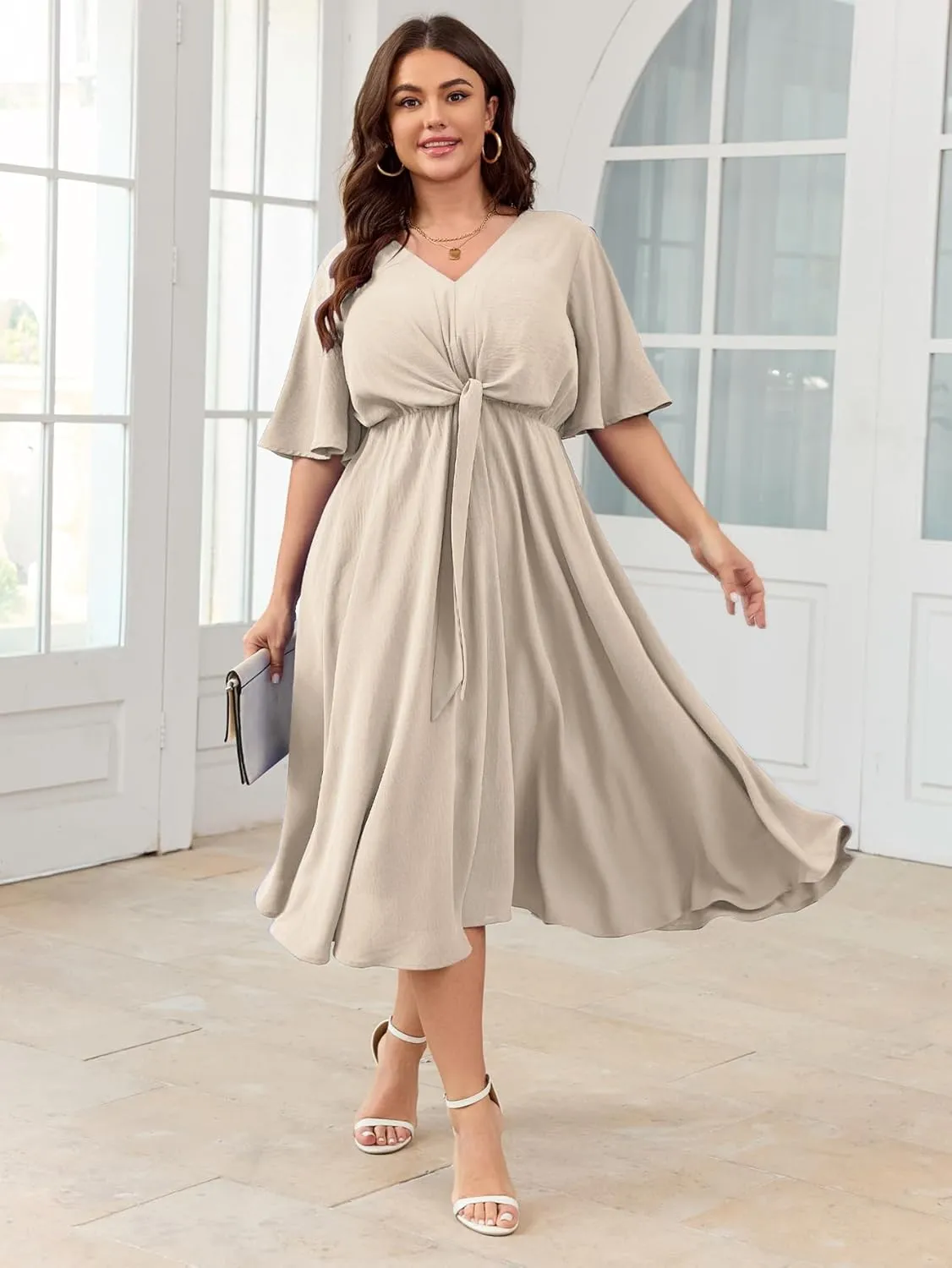 SCOMCHIC Women Plus Size Midi Dresses Wedding Guest Short Sleeve V Neck Tie Waist Casual Summer Flowy A Line Dress