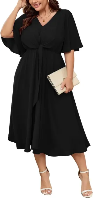 SCOMCHIC Women Plus Size Midi Dresses Wedding Guest Short Sleeve V Neck Tie Waist Casual Summer Flowy A Line Dress