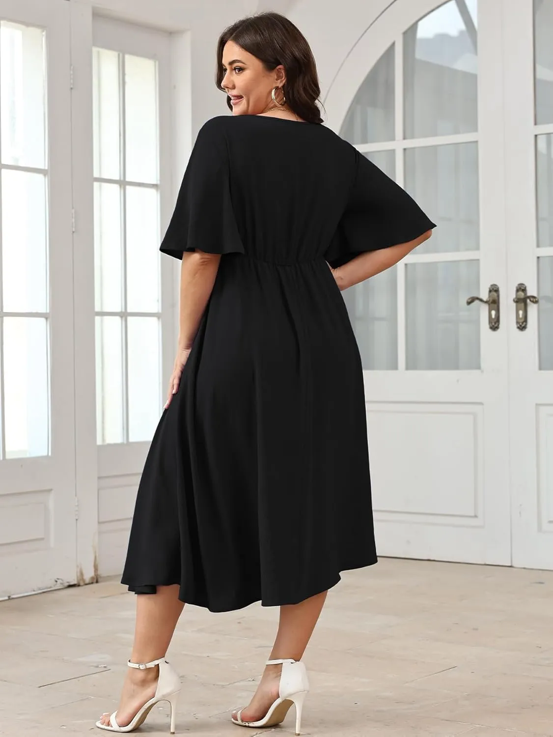 SCOMCHIC Women Plus Size Midi Dresses Wedding Guest Short Sleeve V Neck Tie Waist Casual Summer Flowy A Line Dress