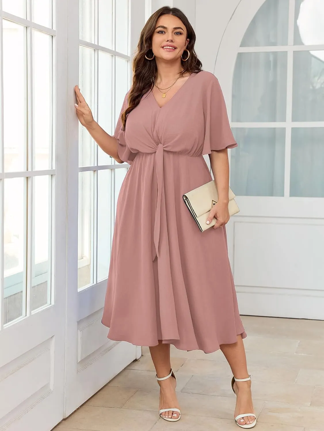 SCOMCHIC Women Plus Size Midi Dresses Wedding Guest Short Sleeve V Neck Tie Waist Casual Summer Flowy A Line Dress
