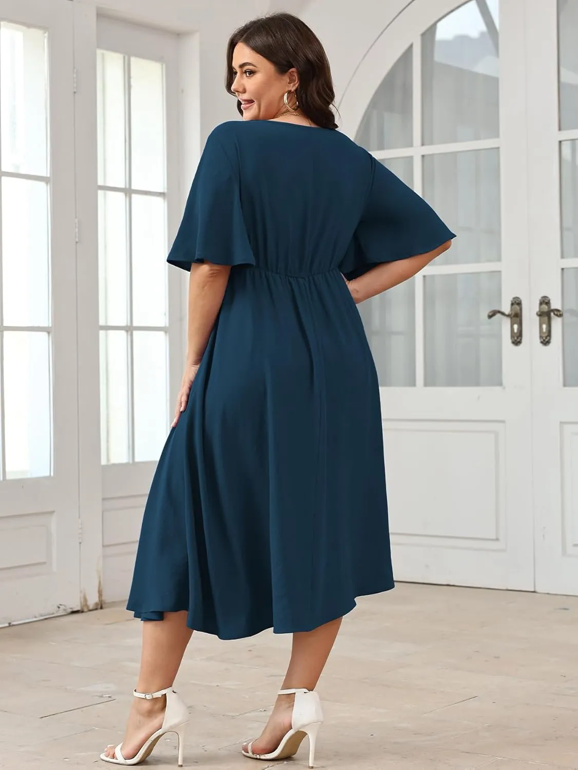 SCOMCHIC Women Plus Size Midi Dresses Wedding Guest Short Sleeve V Neck Tie Waist Casual Summer Flowy A Line Dress