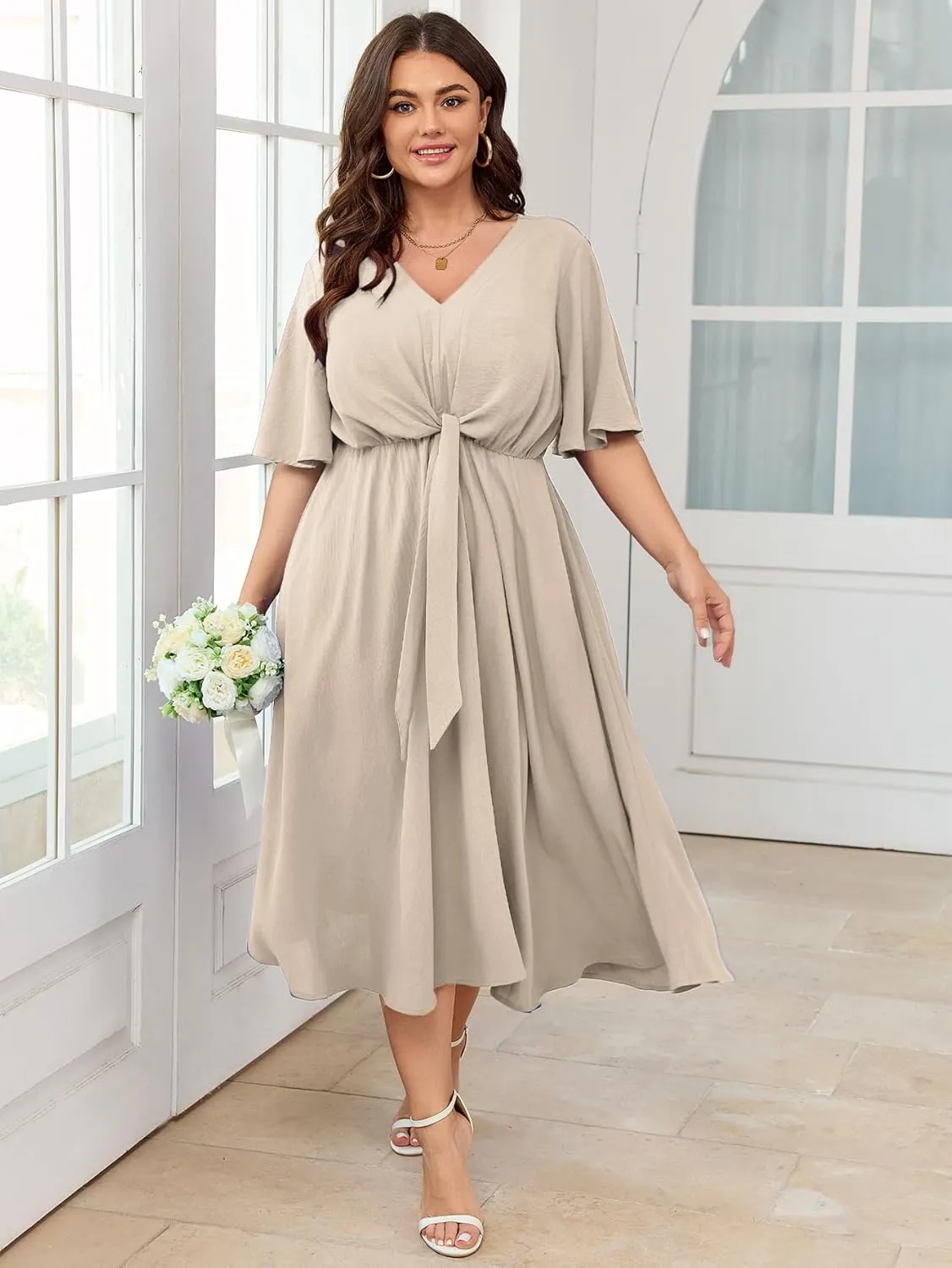SCOMCHIC Women Plus Size Midi Dresses Wedding Guest Short Sleeve V Neck Tie Waist Casual Summer Flowy A Line Dress