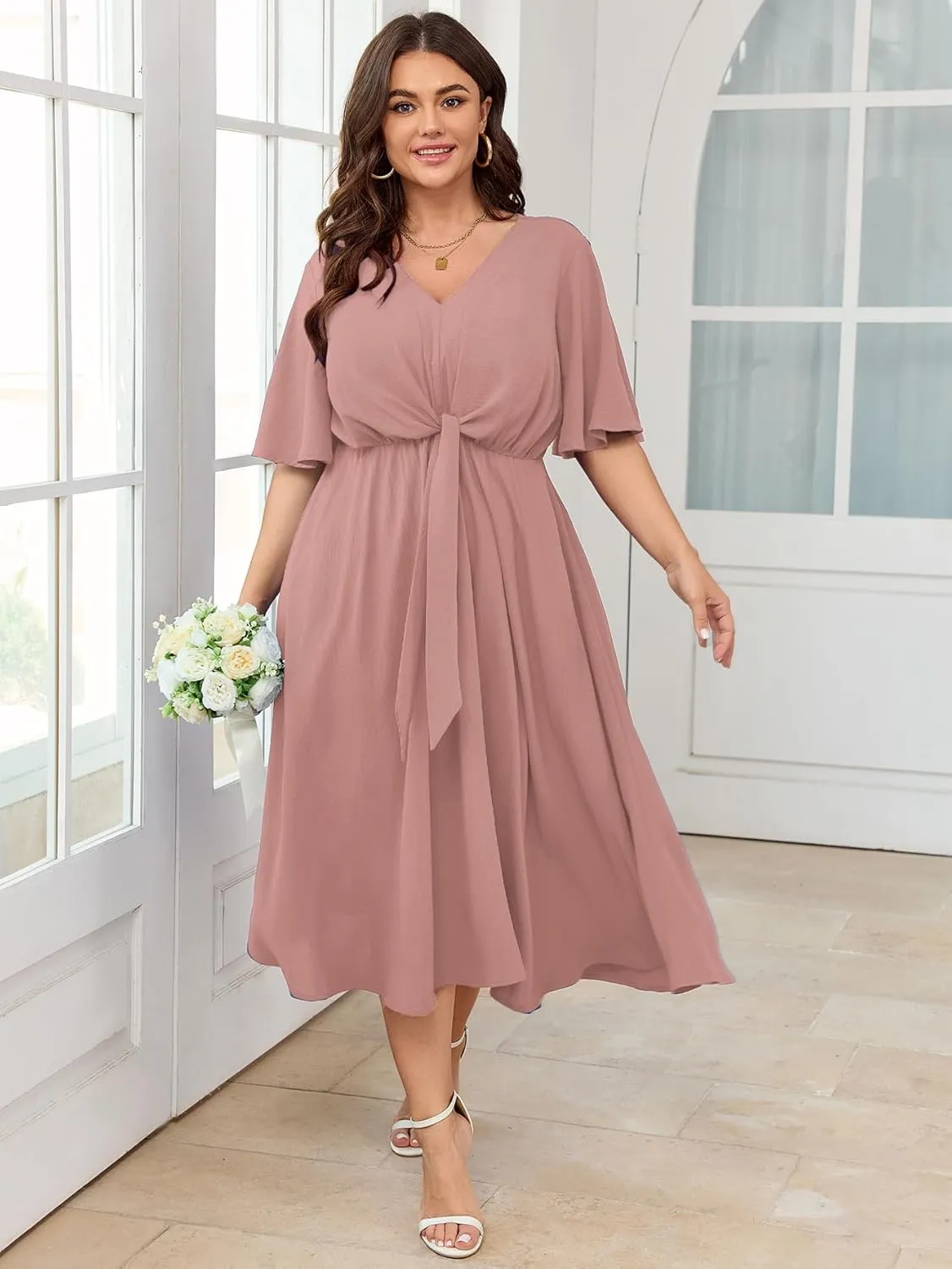 SCOMCHIC Women Plus Size Midi Dresses Wedding Guest Short Sleeve V Neck Tie Waist Casual Summer Flowy A Line Dress