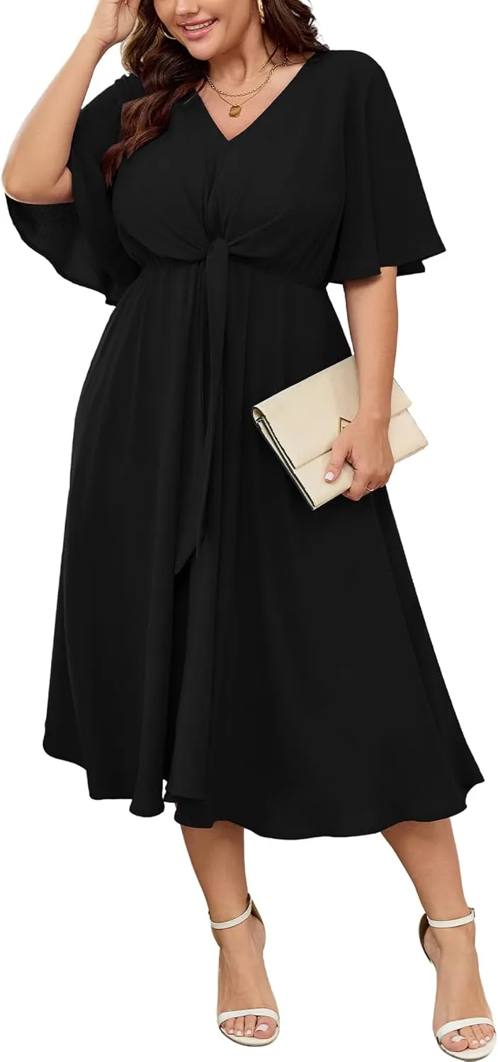 SCOMCHIC Women Plus Size Midi Dresses Wedding Guest Short Sleeve V Neck Tie Waist Casual Summer Flowy A Line Dress