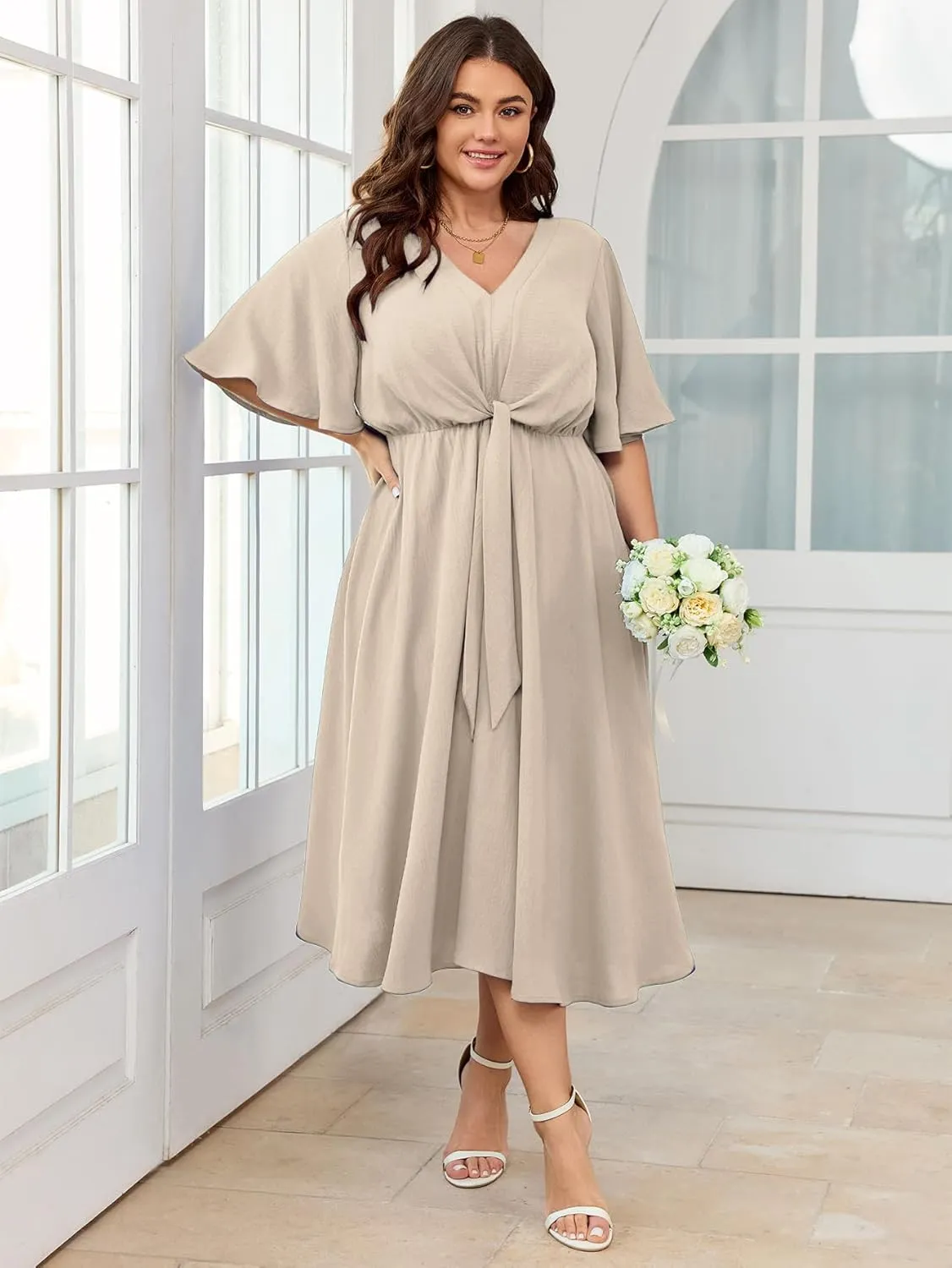 SCOMCHIC Women Plus Size Midi Dresses Wedding Guest Short Sleeve V Neck Tie Waist Casual Summer Flowy A Line Dress