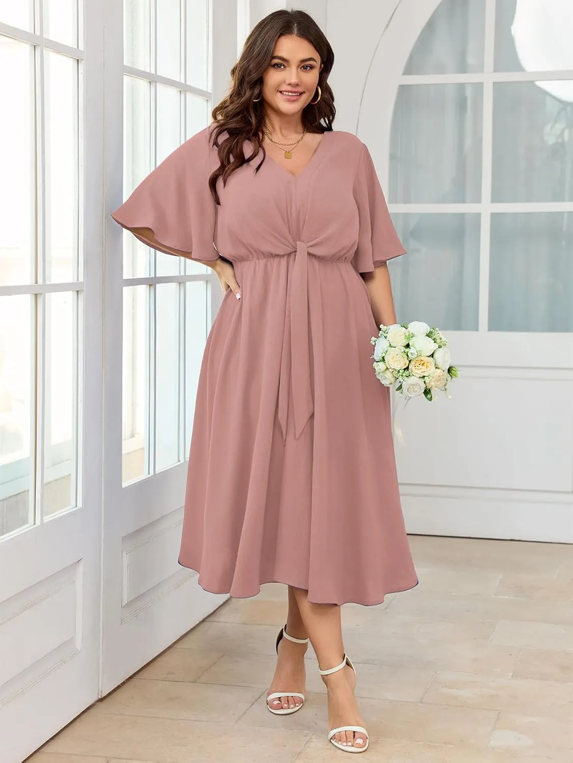 SCOMCHIC Women Plus Size Midi Dresses Wedding Guest Short Sleeve V Neck Tie Waist Casual Summer Flowy A Line Dress