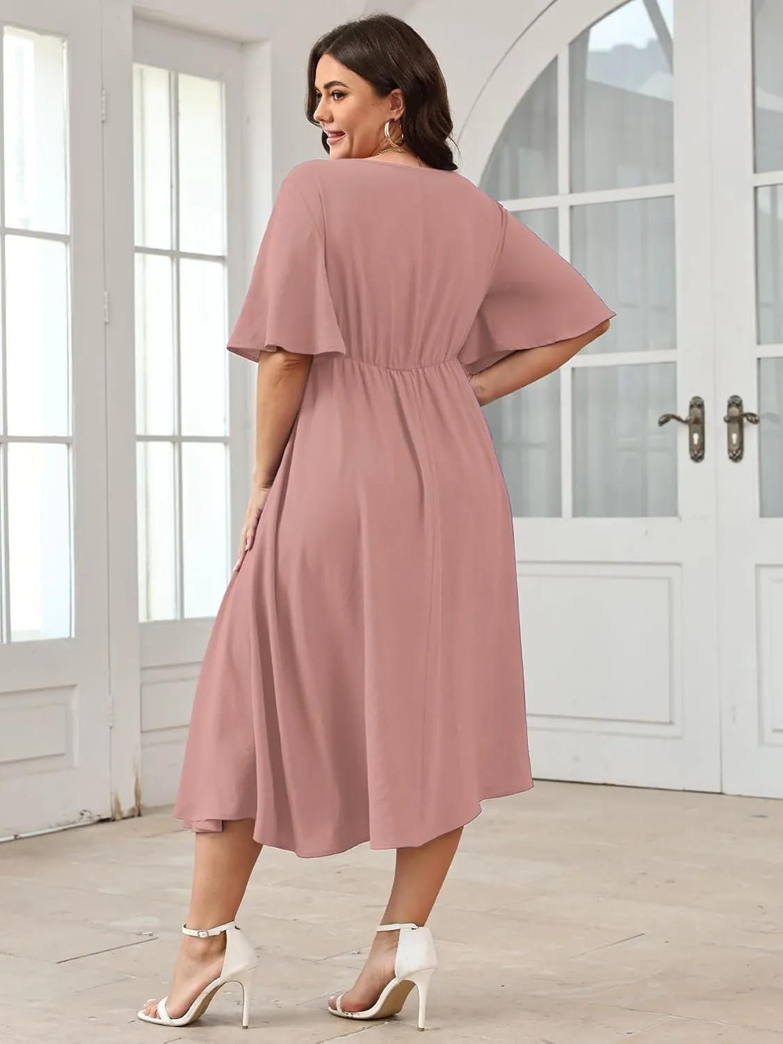 SCOMCHIC Women Plus Size Midi Dresses Wedding Guest Short Sleeve V Neck Tie Waist Casual Summer Flowy A Line Dress