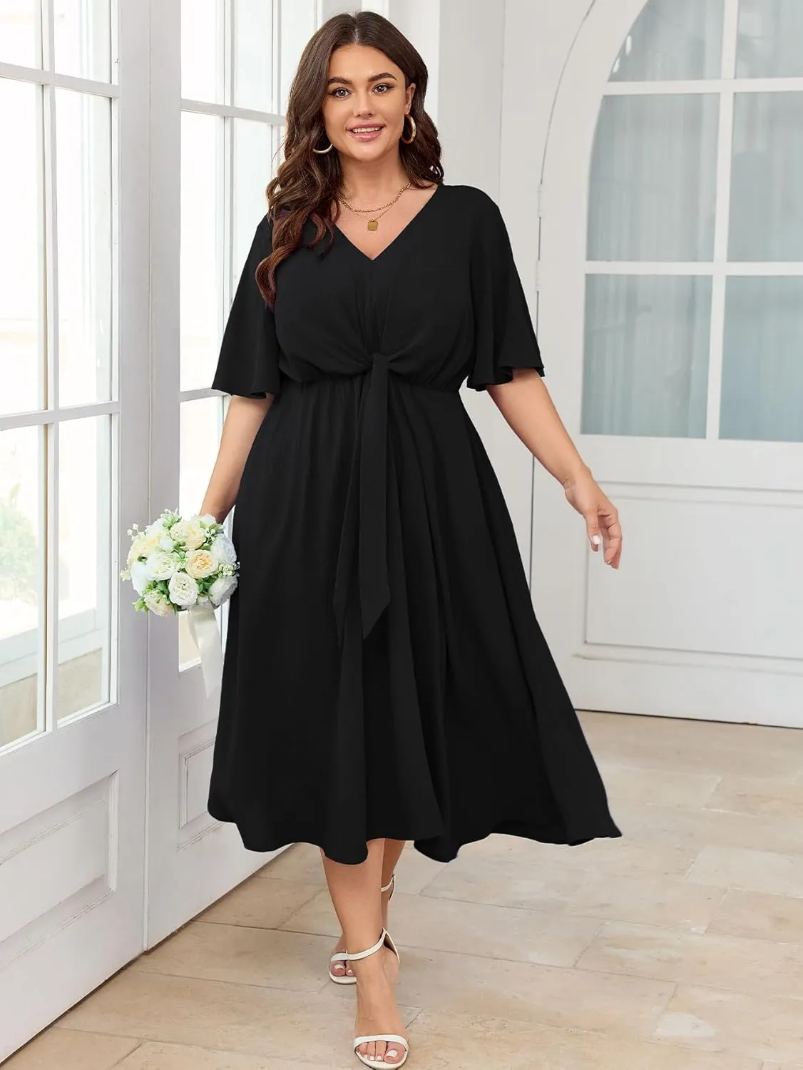 SCOMCHIC Women Plus Size Midi Dresses Wedding Guest Short Sleeve V Neck Tie Waist Casual Summer Flowy A Line Dress