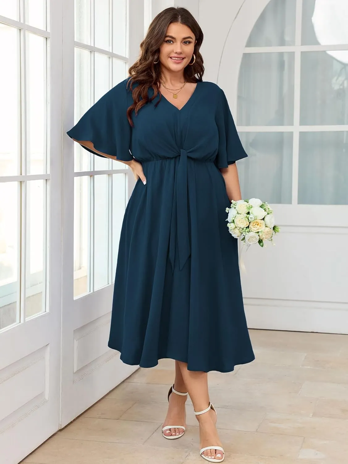 SCOMCHIC Women Plus Size Midi Dresses Wedding Guest Short Sleeve V Neck Tie Waist Casual Summer Flowy A Line Dress
