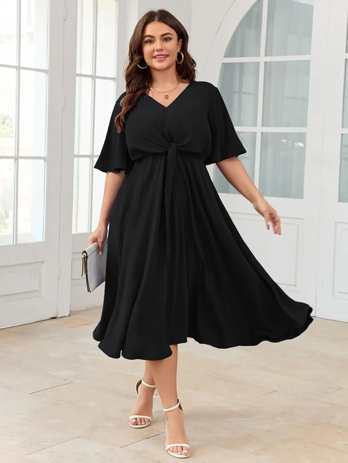 SCOMCHIC Women Plus Size Midi Dresses Wedding Guest Short Sleeve V Neck Tie Waist Casual Summer Flowy A Line Dress