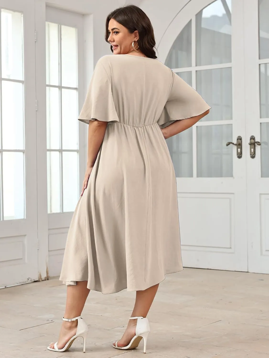 SCOMCHIC Women Plus Size Midi Dresses Wedding Guest Short Sleeve V Neck Tie Waist Casual Summer Flowy A Line Dress