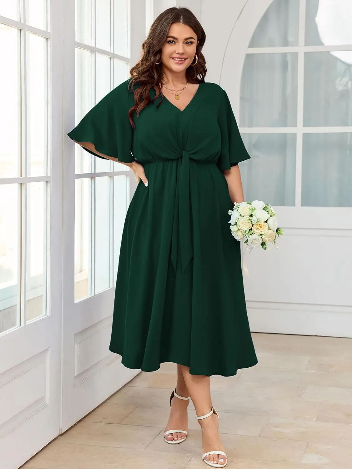 SCOMCHIC Women Plus Size Midi Dresses Wedding Guest Short Sleeve V Neck Tie Waist Casual Summer Flowy A Line Dress