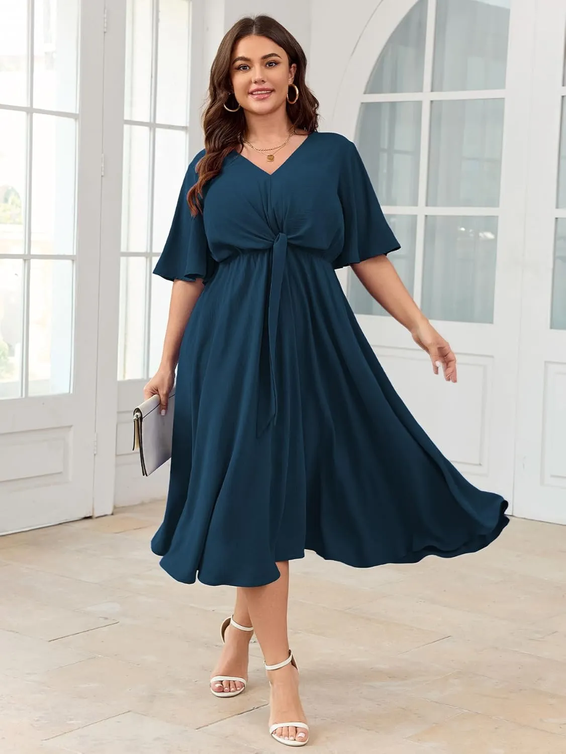 SCOMCHIC Women Plus Size Midi Dresses Wedding Guest Short Sleeve V Neck Tie Waist Casual Summer Flowy A Line Dress