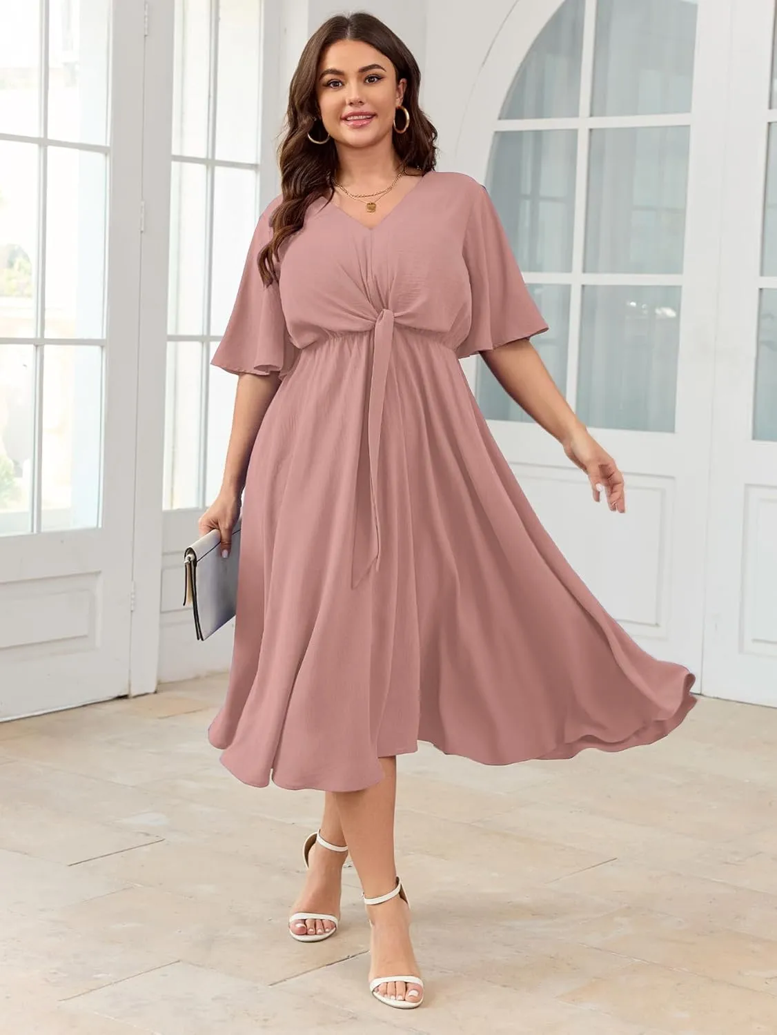 SCOMCHIC Women Plus Size Midi Dresses Wedding Guest Short Sleeve V Neck Tie Waist Casual Summer Flowy A Line Dress