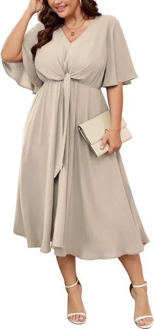 SCOMCHIC Women Plus Size Midi Dresses Wedding Guest Short Sleeve V Neck Tie Waist Casual Summer Flowy A Line Dress