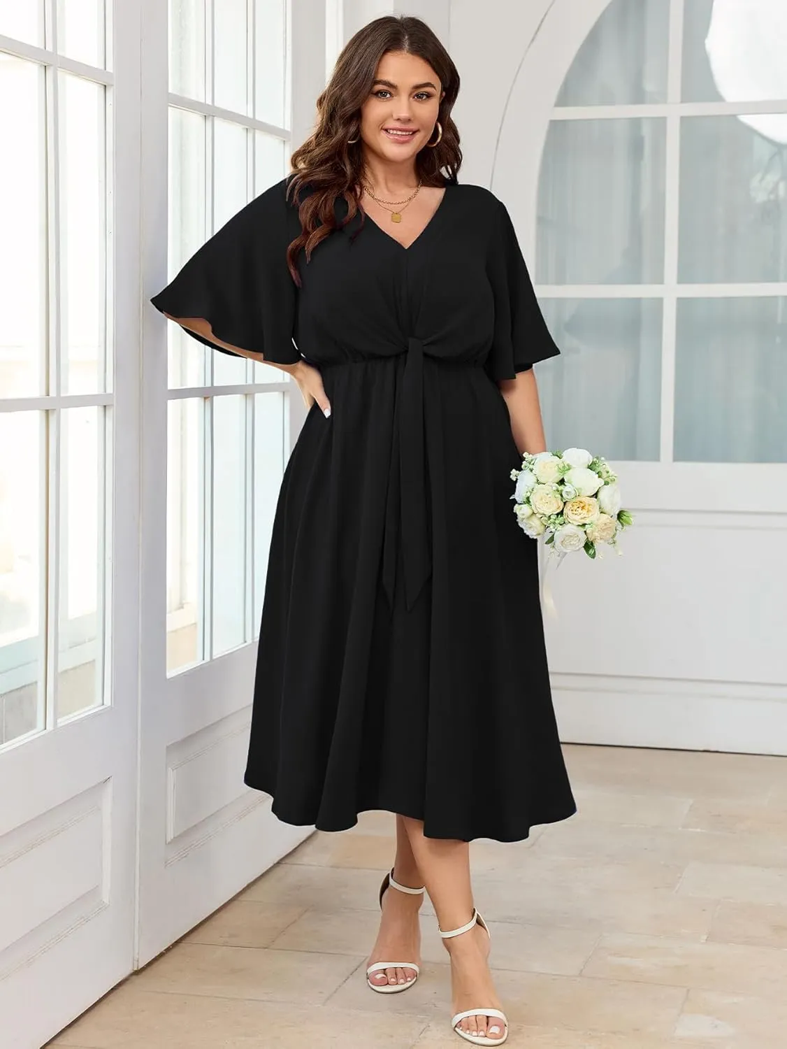 SCOMCHIC Women Plus Size Midi Dresses Wedding Guest Short Sleeve V Neck Tie Waist Casual Summer Flowy A Line Dress
