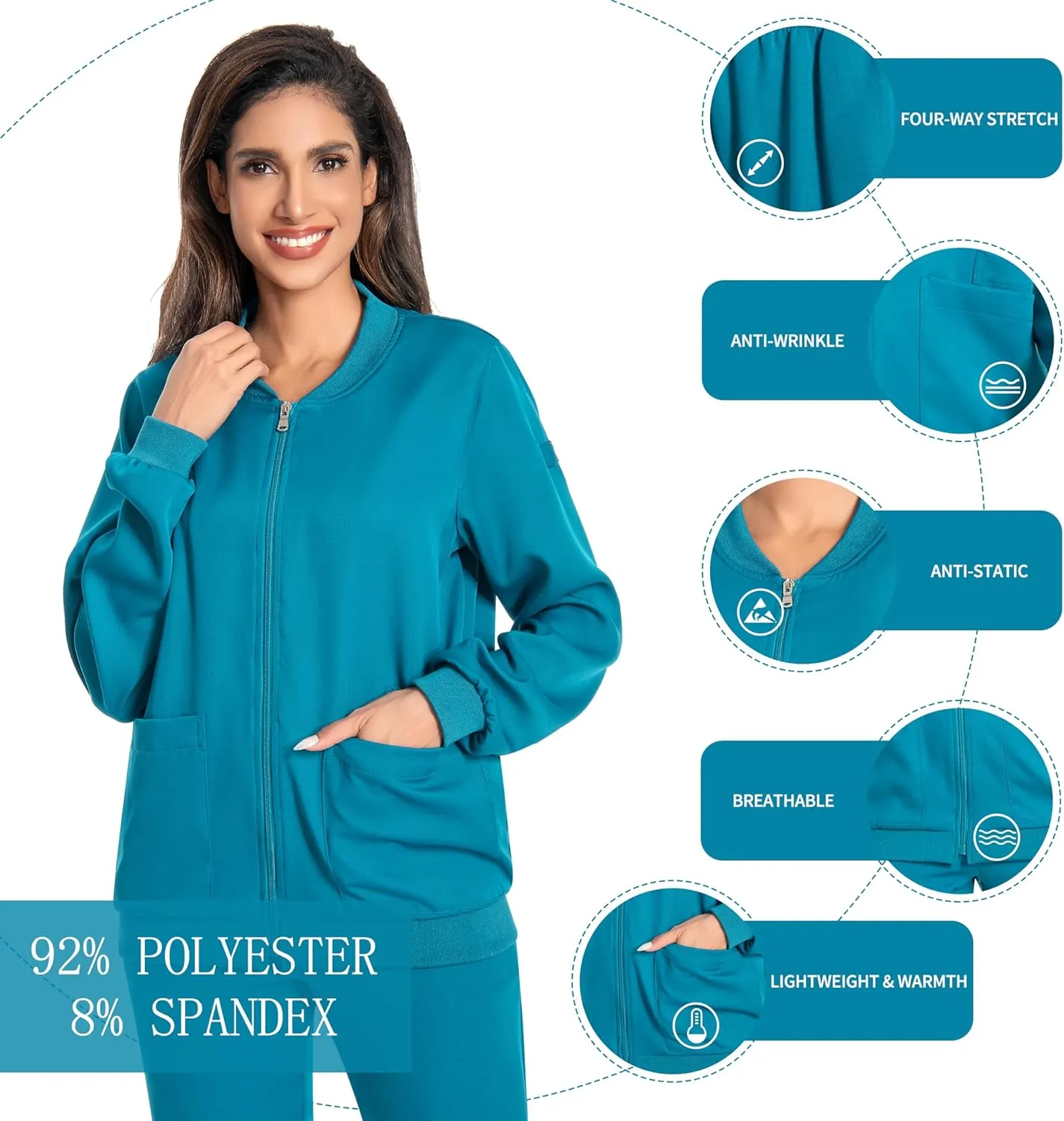 Scrub Jackets for Woman, Zip Front Nurse Jacket-4-Way Stretch Fabric Coat