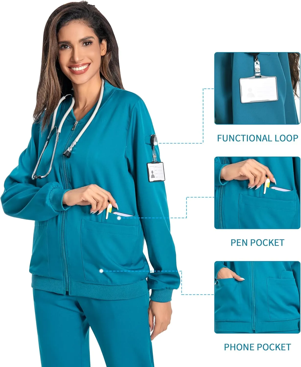 Scrub Jackets for Woman, Zip Front Nurse Jacket-4-Way Stretch Fabric Coat