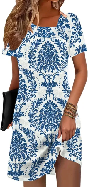 Soesdemo Womens Summer Dresses Square Neck Short Sleeve Buttons Casual Beach Boho 2025 Fashion Sundress