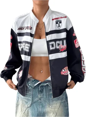 SOLY HUX Women's Bomber Jacket Long Sleeve Zip Up Racing Jackets Color Block Y2k Outerwear Vintage Streetwear