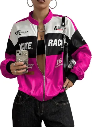 SOLY HUX Women's Bomber Jacket Long Sleeve Zip Up Racing Jackets Color Block Y2k Outerwear Vintage Streetwear