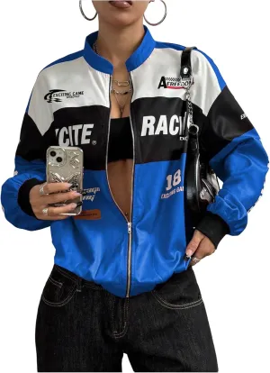 SOLY HUX Women's Bomber Jacket Long Sleeve Zip Up Racing Jackets Color Block Y2k Outerwear Vintage Streetwear