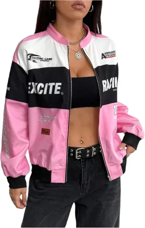 SOLY HUX Women's Bomber Jacket Long Sleeve Zip Up Racing Jackets Color Block Y2k Outerwear Vintage Streetwear