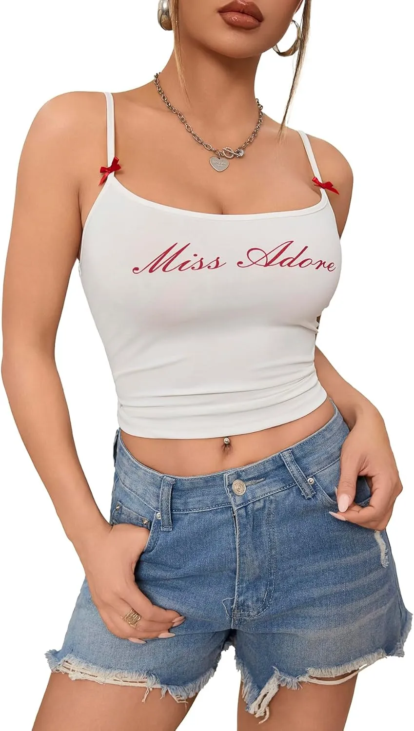 SOLY HUX Women's Y2k Cami Tops Bow Printed Cropped Camisole Going Out Crop Shirt Streetwear