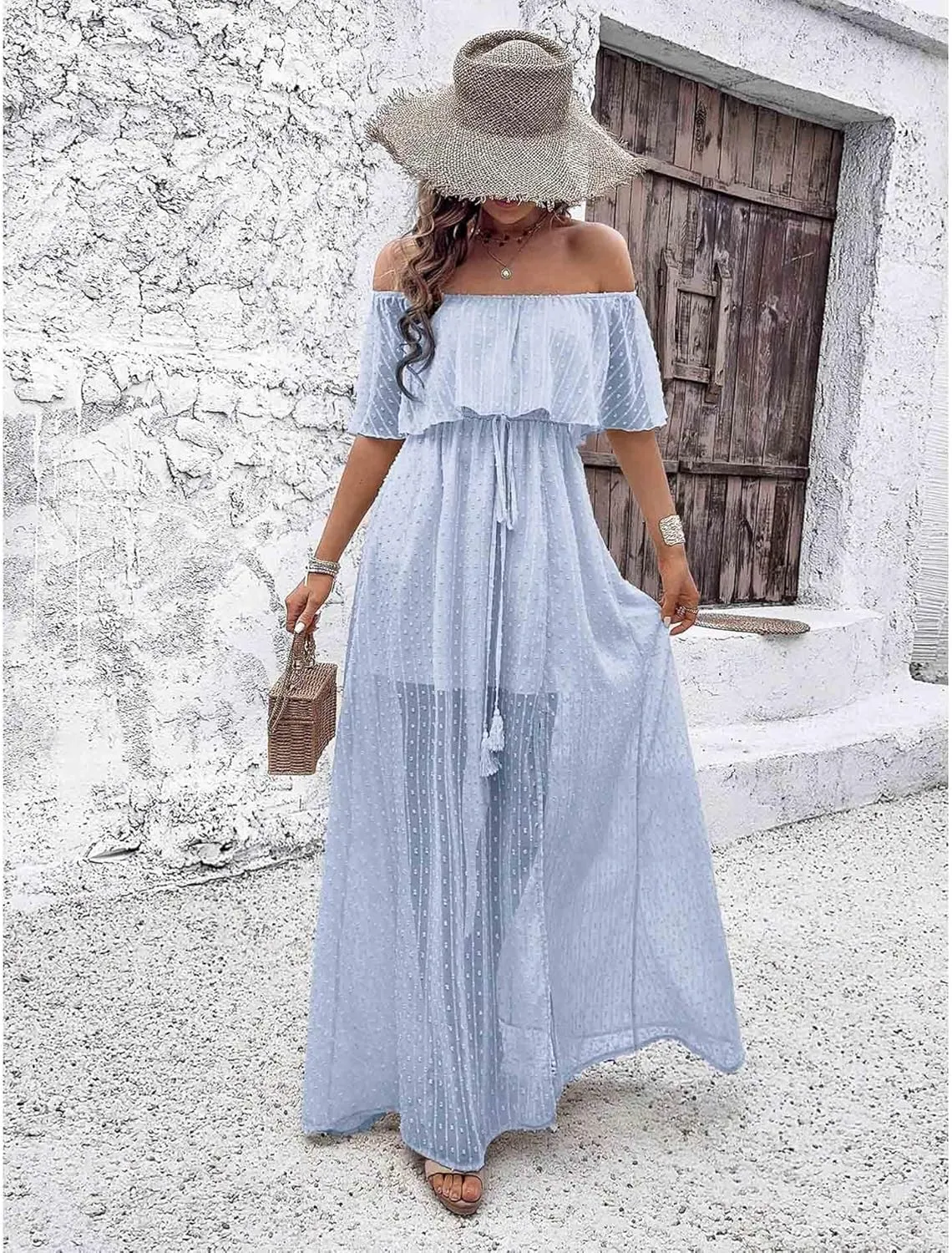 SOMTHRON Women's Boho Off Shoulder Maxi Dress Swiss Dot Ruffle Side Slit A Line Flowy Beach Vacation Long Sundress