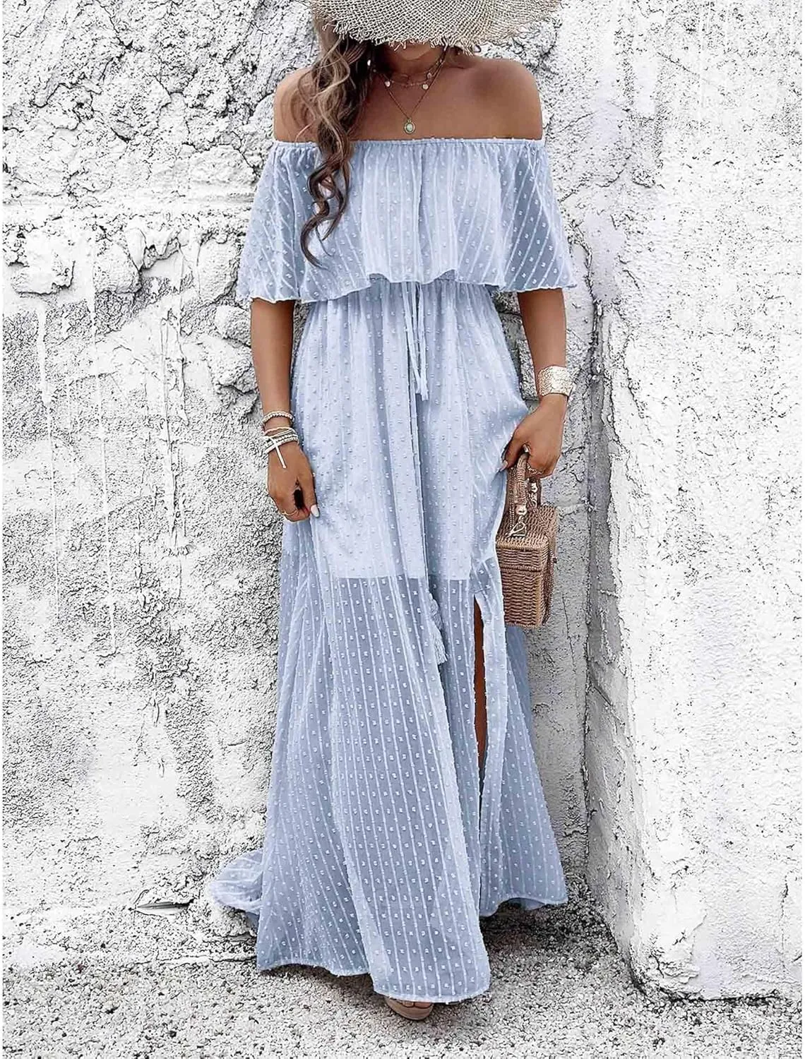 SOMTHRON Women's Boho Off Shoulder Maxi Dress Swiss Dot Ruffle Side Slit A Line Flowy Beach Vacation Long Sundress