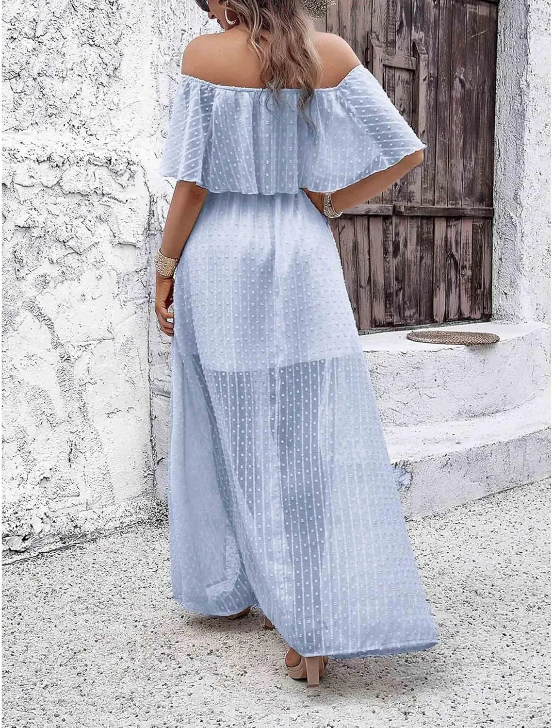 SOMTHRON Women's Boho Off Shoulder Maxi Dress Swiss Dot Ruffle Side Slit A Line Flowy Beach Vacation Long Sundress