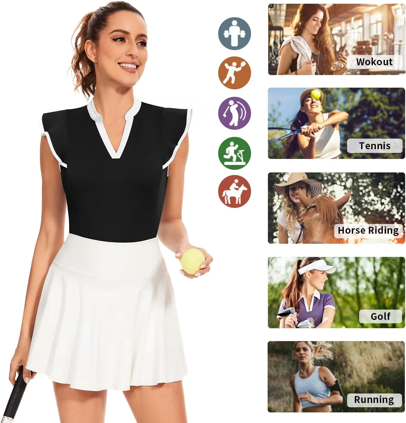 Soneven Womens Petal Sleeve Golf Shirts Moisture Wicking V Neck Athletic Workout Tennis Tops Quick Dry Golf Clothes