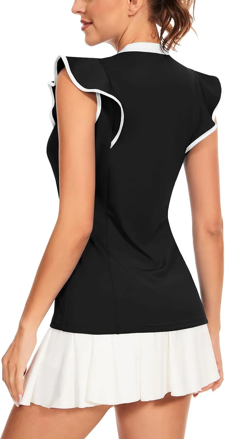 Soneven Womens Petal Sleeve Golf Shirts Moisture Wicking V Neck Athletic Workout Tennis Tops Quick Dry Golf Clothes