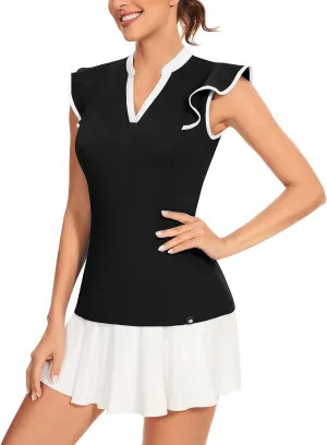 Soneven Womens Petal Sleeve Golf Shirts Moisture Wicking V Neck Athletic Workout Tennis Tops Quick Dry Golf Clothes