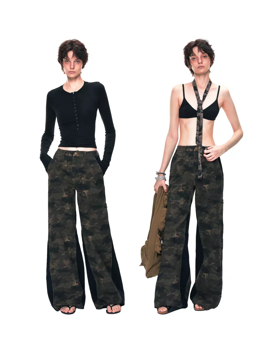 Split Hem Camo Wide-Leg Trousers