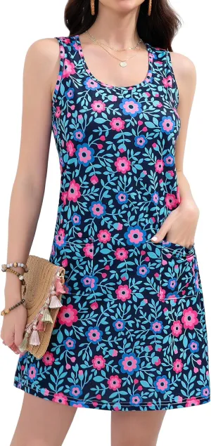 Summer Dresses for Women 2025 Beach Vacation Casual Loose Sleeveless T Shirt Dress Floral Sundresses with Pockets