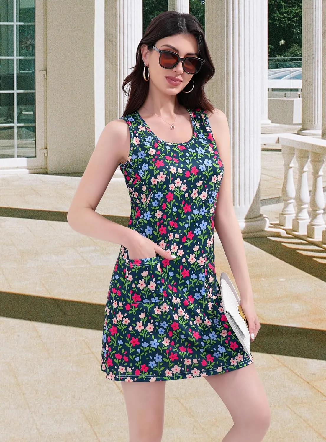 Summer Dresses for Women 2025 Beach Vacation Casual Loose Sleeveless T Shirt Dress Floral Sundresses with Pockets