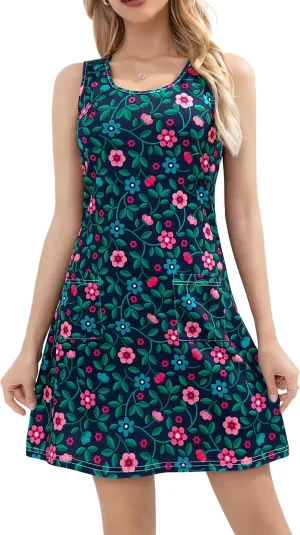 Summer Dresses for Women 2025 Beach Vacation Casual Loose Sleeveless T Shirt Dress Floral Sundresses with Pockets