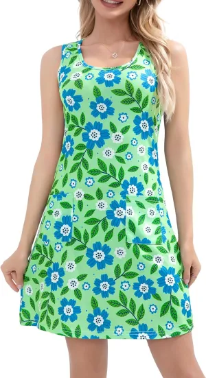 Summer Dresses for Women 2025 Beach Vacation Casual Loose Sleeveless T Shirt Dress Floral Sundresses with Pockets