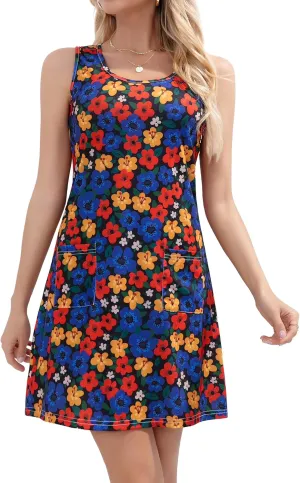 Summer Dresses for Women 2025 Beach Vacation Casual Loose Sleeveless T Shirt Dress Floral Sundresses with Pockets