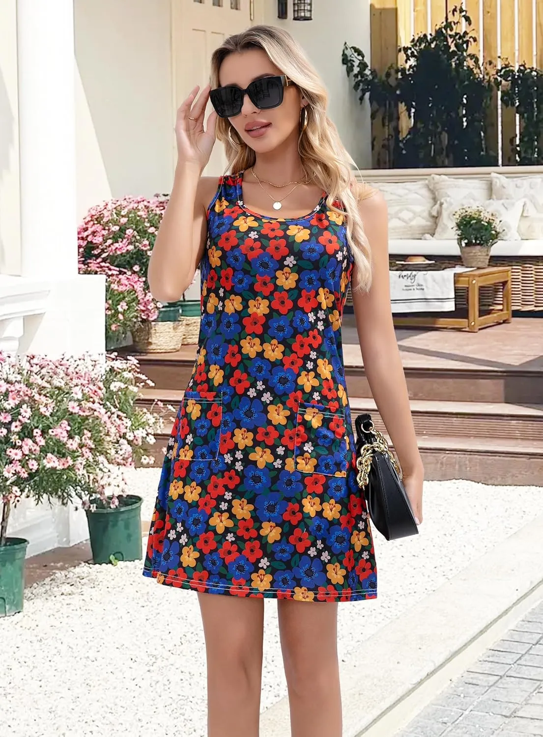 Summer Dresses for Women 2025 Beach Vacation Casual Loose Sleeveless T Shirt Dress Floral Sundresses with Pockets