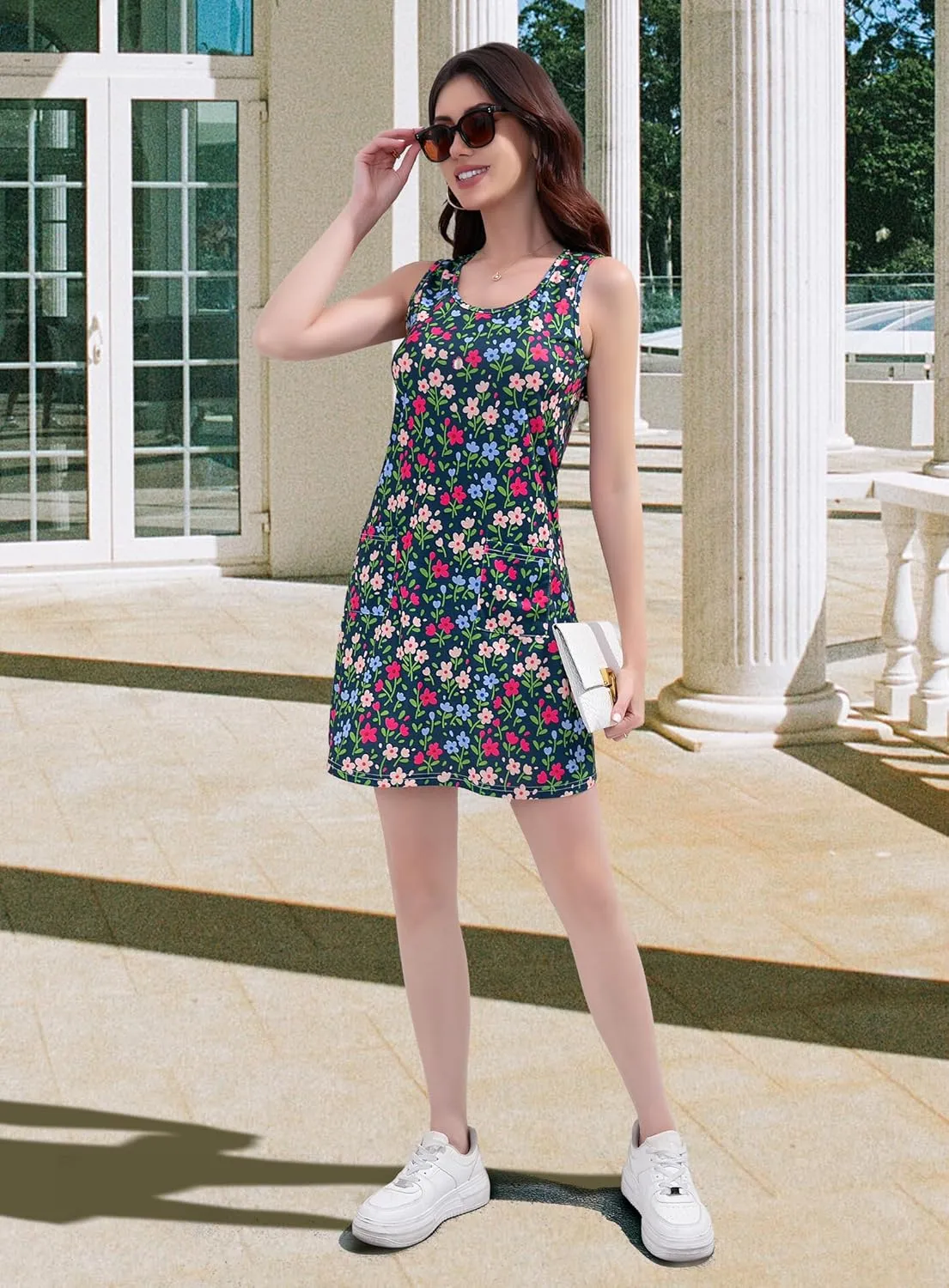 Summer Dresses for Women 2025 Beach Vacation Casual Loose Sleeveless T Shirt Dress Floral Sundresses with Pockets