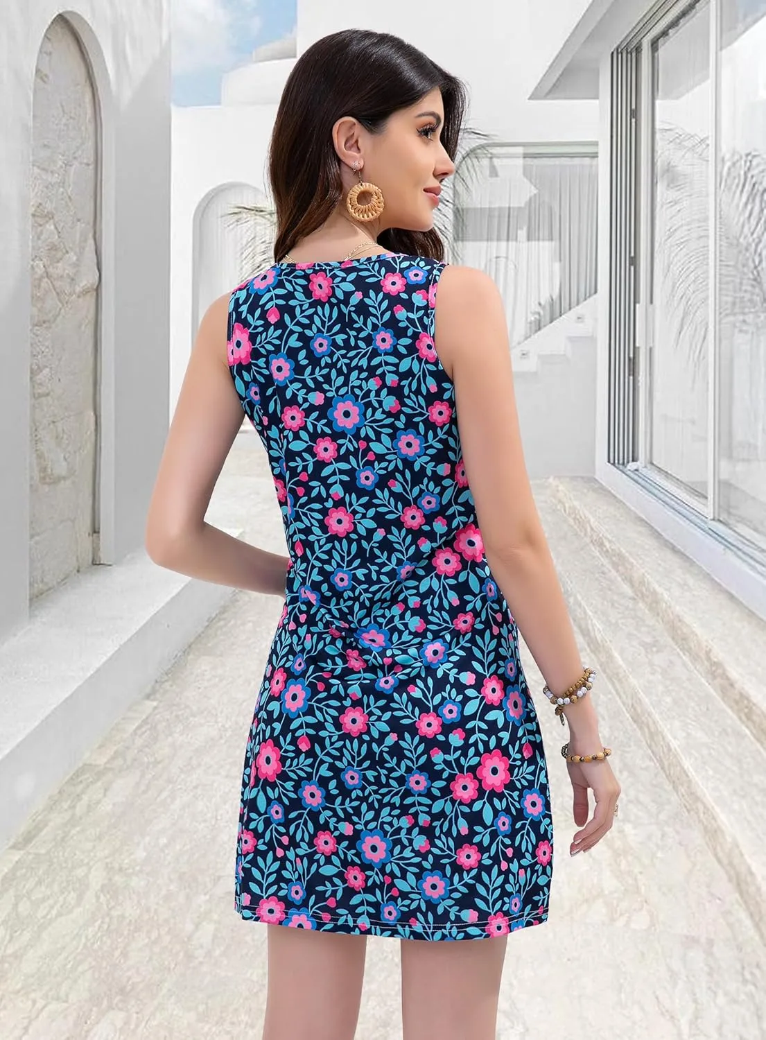 Summer Dresses for Women 2025 Beach Vacation Casual Loose Sleeveless T Shirt Dress Floral Sundresses with Pockets