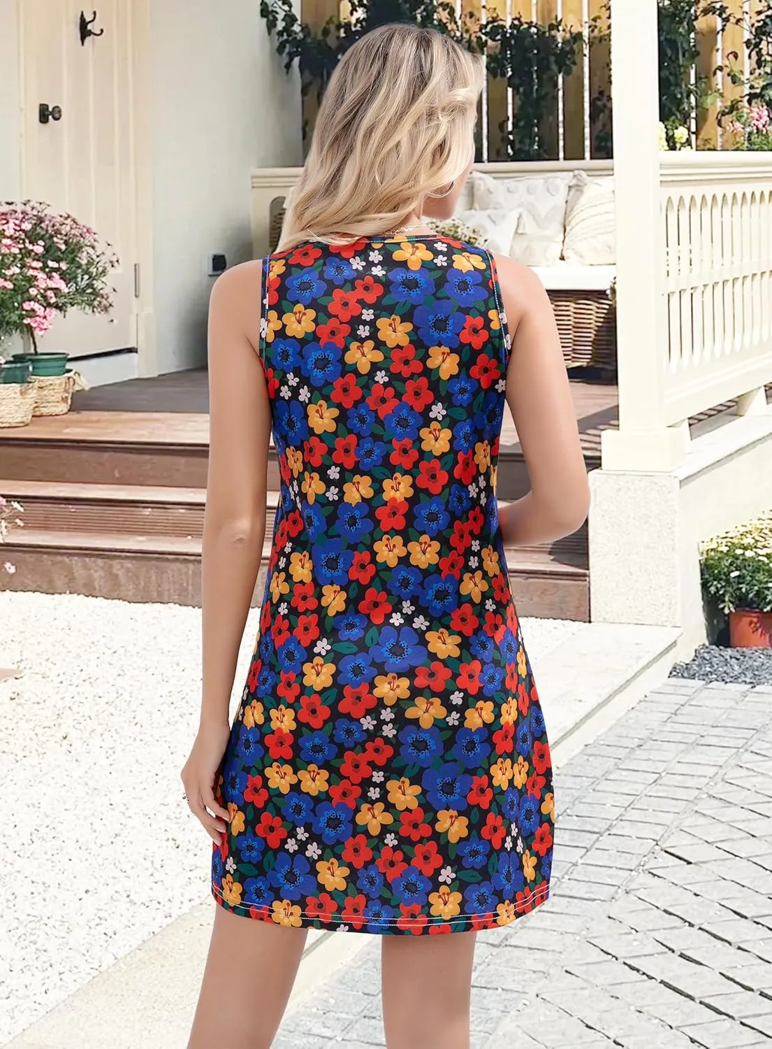 Summer Dresses for Women 2025 Beach Vacation Casual Loose Sleeveless T Shirt Dress Floral Sundresses with Pockets